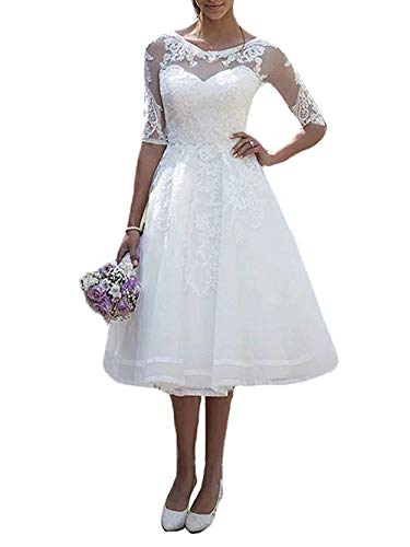 JAEDEN Vintage Spitze Brautkleider Hochzeitskleider Damen Knielang Standesamtkleid mit Ärmel Weiß EUR42