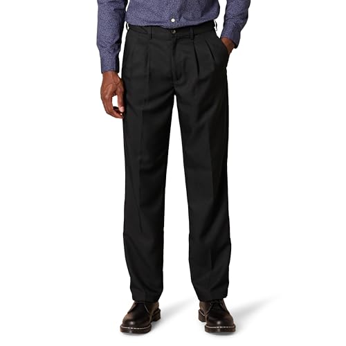 Amazon Essentials Herren Anzughose mit Falte und Erweiterbarem Bund, Klassisch Geschnitten, Schwarz, 36W / 32L