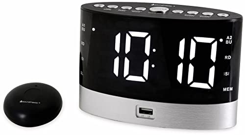 Soundmaster UR580SW UKW Radiowecker Hörgeschädigte Schwerhörigkeit Gehörlose Taubheit Tiefschläfer schnurloses Vibrationskissen Bettschüttler Batterie Backup Jumbo Display LED USB Ladebuchse