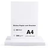 60 Blatt Dickes Papier 300g/m² A4 zum drucken Premium Papier Dickes zum Drucken Kartonpapier Tonkarton Pappe Weiß DIN A4-21 x 29,7 cm