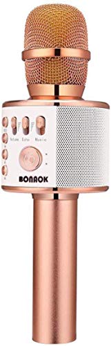 BONAOK Bluetooth Karaoke Mikrofon Kinder, Drahtlose Dynamisches Mikrofon mit Lautsprecher, Familie Party Podcast Auto Bluetooth Mikrofon Kabellos, Kompatibel mit Android/IOS(Rose Gold)