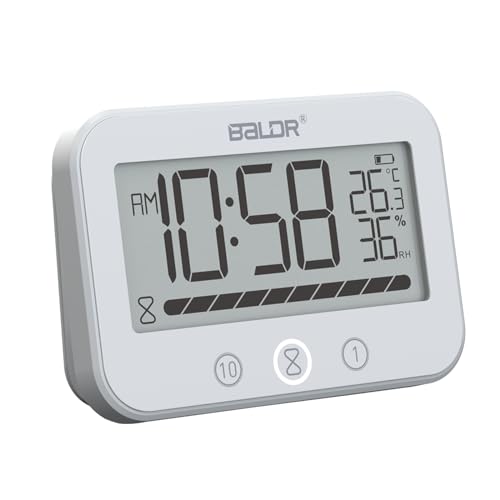 BALDR Badezimmer Uhr IP24 Wasserdicht Digitale Kinder-Duschuhr mit Temperatur und Luftfeuchtigkeit, 99 Minuten Countdown mit Alarm, Wasserdichter Großer LCD-Timer mit 2 Haken (weiß)