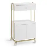 M MCombo Servierwagen mit Rollen & Schublade, Rollwagen Friseurwagen Weiß-Gold, Salon Trolley mit 2 Ablagen und Schrank, Moderner Arbeitswagen für Bad Wohnzimmer, 36x50x87cm, 0086