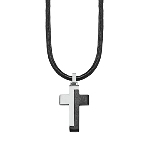 s.Oliver Kette mit Anhänger Edelstahl Leder Jungen Kinder Halsschmuck, 40+3 cm, Schwarz, Kreuz, Kommt in Schmuck Geschenk Box, 2027451