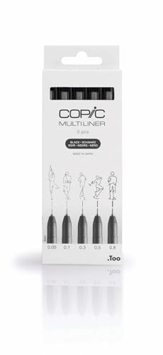 COPIC Multiliner Set Black, 5 Stifte in 5 verschiedenen Strichstärken, Zeichenstifte mit wasserbeständiger Pigmenttinte, für Skizzen, Illustrationen und Outlines