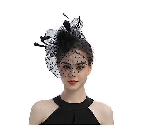 Fascinator Hut,Vintage Schleier Mesh Stirnband Frauen Schwarz Untertasse Sinamay Stirnband Kirche Haarschmuck Hochzeit Ascot Hut Hatinator Vogelkäfig Schleier Feder Mesh Gesicht für Tea Party