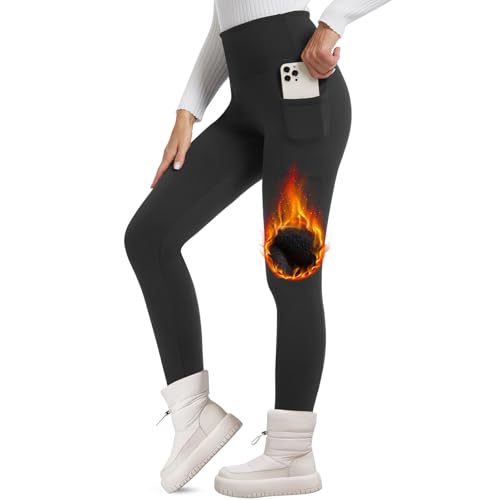 FOTOCITI Thermo Leggings Damen Winter Mit Tasche Thermoleggins Gefütterte Fleece Warme Thermounterwäsche High Waist Lange Sportleggins Yogahose Hose