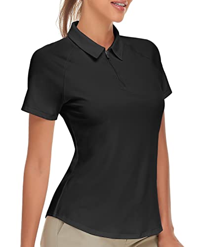 Soneven Poloshirt Damen Schwarz Kurzarm Sport Tshirts Damen Fitness Atmungsaktive Funktionsshirt Damen Kurzarm Longshirt Polohemd für Golf Tennis Wandern Schwarz L