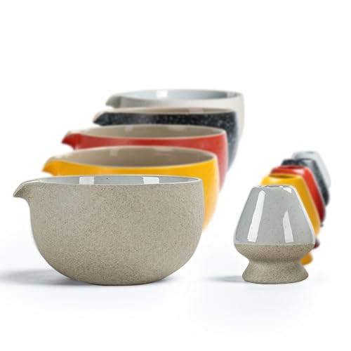 Japanische Matcha-Schüssel mit natürlicher Steinstruktur (Ausgießer) mit Schneebesenhalter, 18 OZ. TEANAGOO, K12, Dk.grey, Chawan Matcha Teeschale, Keramikschale, Teeschalen für Matcha, Chawan