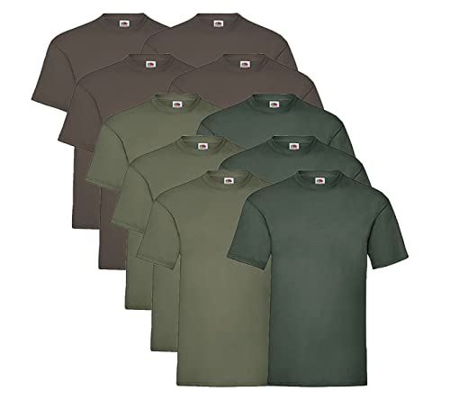 Fruit of the Loom 10 T Shirts Valueweight T Rundhals S M L XL XXL 3XL 4XL 5XL Übergröße Diverse Farbsets auswählbar, 4 Schoko / 3 Olive / 3 Flaschengrün + 1 HL Kauf Notizblock, XXL