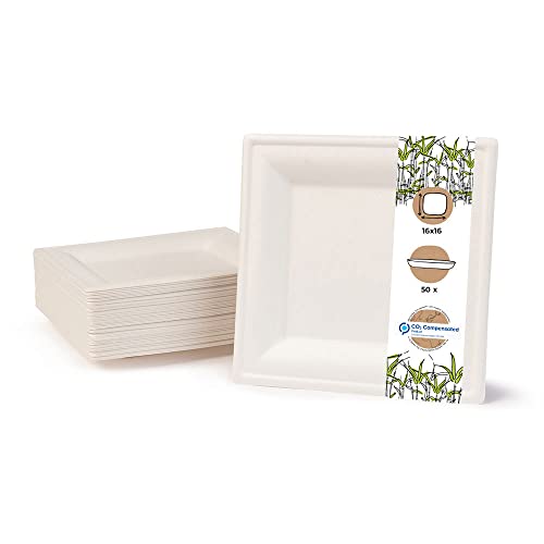 GREENBOX Umweltverträgliches Bagasse Geschirr Einweg | 50 Stück Zuckerrohr Teller weiß eckig gebleicht 16x16 cm | Bio Einweggeschirr Speiseteller Einwegteller Partyteller Einmalgeschirr