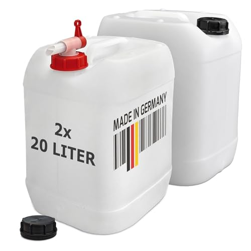 plasteo® 2X 20 Liter Getränke- Wasserkanister Natur mit Schraubdeckeln und 1x Hahn (DIN 61) | BPA Frei | Lebensmittelecht | Tragbar | Indoor und Outdoor | Made in Germany