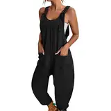 BRONG Latzhose Damen Sommer Weites Bein Jumpsuit mit Tasche Lässig Lose Overall für Frauen Strampler Ärmellos Riemchen Latzhose Verstellbar Strampelanzüge Schwarz XXL