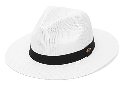 GEMVIE Panama Hut Herren Damen Breite Krempe Strohhut Fedora Hut mit Ripsband Bogarthut Sommer Sonnenhut M Weiß