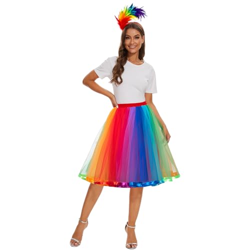 JONRRYIN Tüllrock Damen + Bunt Feder Stirnband, Regenbogen Rock Damen Tüll, 50er-Tutu Unterrock und Bunte Feder Haarreifen, Regenbogen Kostüm für Damen Karnevalspartys und Bühnenauftritte