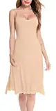 Vlazom Damen Unterkleid mit Trägern Unterröcke Sexy Negligee Full Slip Miederkleider Nachthemd Nachtwäsche(XL,Stil B-Beige)