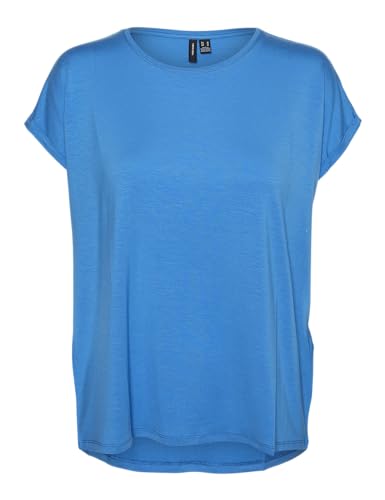 VERO MODA Damen Einfarbiges Stretch T-Shirt Basic Rundhals Top Oberteil Tief Angesetzte Schultern VMAVA, Farben:Blau-4, Größe:M