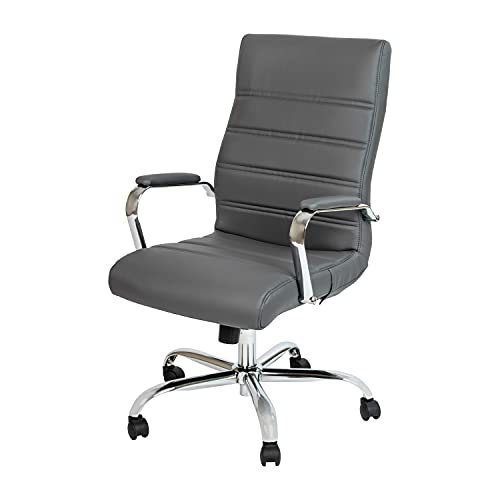 Flash Furniture Chefsessel mit hoher Rückenlehne, drehbarer Bürostuhl mit Metall-Armlehnen, Leder, graues LeatherSoft, Chrom-Gestell, 1 Stück