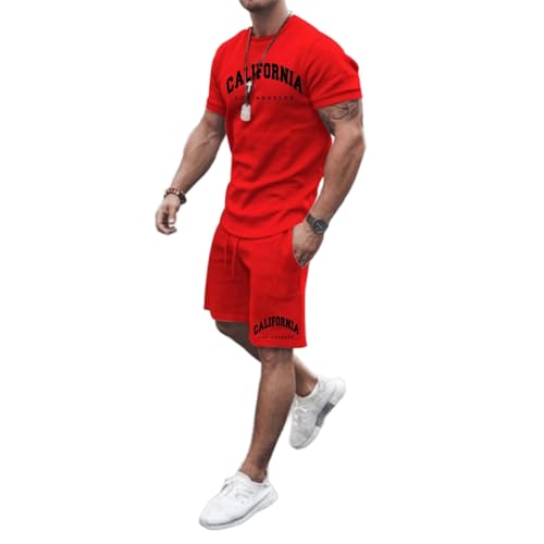 QJDFLL Jogginganzug Herren Trainingsanzug Baggy Sportanzug Bequeme Atmungsaktive Sommer Outfit 2-teiliges Set mit Tshirts und Sporthose Stretch Fitnessanzug Activewear Streetwear(Rot-a,XXL)