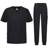 B-well MATTEO Herren-Schrubb-Set Schlupfkasack + JoggeR Hose Set Medizin Arzt Uniform Medizinische Berufsbekleidung mit Elastan (DE/NL/SE/PL, Alphanumerisch, M, Regular, Regular, Schwarz)