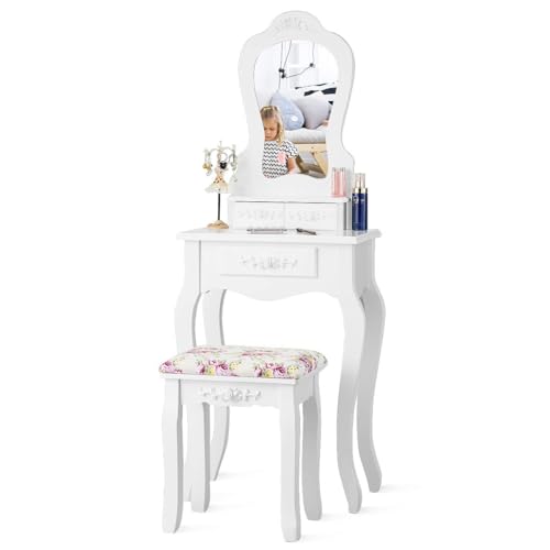 COSTWAY Schminktisch Set mit abnehmbarem Spiegel, Kosmetiktisch Makeup Tisch mit gepolstertem Hocker und 3 Schubladen, Vintage Frisertisch Schminkkommode (Weiß)
