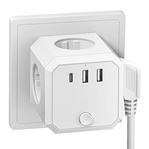 Steckdosenleiste Würfel mit USB, Steckdosen (4000W/16A) mit Schalter, Steckdosenadapter mit 2U1C (5V/3.1A) für Büro, Zuhause, Weiß