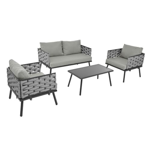 buiesjole Modernes Gartenmöbel-Set Mit Terrassensofa Mit Verzinktem Stahlrahmen, Bequemes Und Stilvolles Balkon-Lounge-Sofa-Set Mit Zwei Einzelsofas Und Couchtisch(Color:Grau)