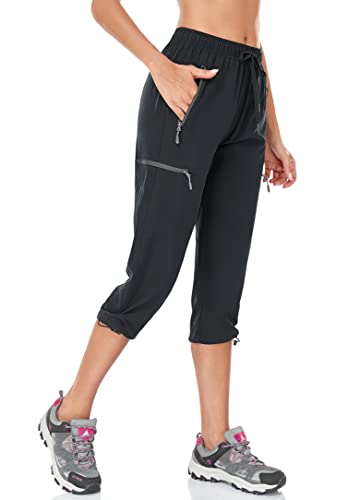 BAYGE Damen Wanderhose Sommer Leicht 3/4 Trekkinghose Outdoorhose Atmungsaktiv Schnell Trocknend Wasserdicht Winddicht Funktionshose mit reißverschlusstaschen, Schwarz, M