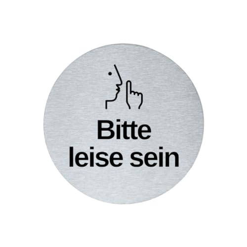 stahl-design-tebart Hinweisschild Piktogramm rund 7,5 cm Edelstahl selbstklebend 3M Klebefläche graviert Edeloptik elegante Beschilderung langlebig BITTE LEISE SEIN- 7,5x7,5x0,1cm