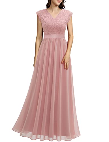 Dressystar Damen Abendkleider Elegant für Hochzeit Brautjungfernkleider Spitze Chiffon Maxi Lang Ballkleider Ärmel Blush L