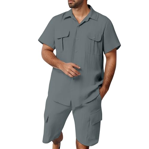 Herren Polyester Knopfleiste für drinnen im Urlaub Fitness(Grey,M)