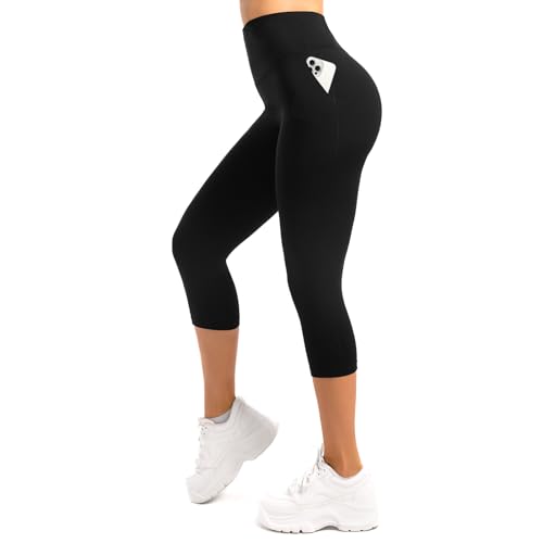 Leafigure Capri Leggings Damen mit Taschen 3/4 Leggins High Waist Fitness Shorts Blickdichte Sportshorts Schwarz LXL