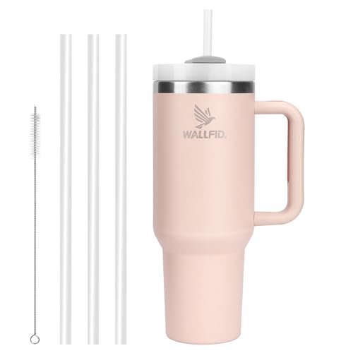 WALLFID 40oz Thermobecher aus Edelstahl, Vakuum-Isoliert mit Deckel, 3 Strohhalmen und 1 Strohhalm Bürste, Für Heiß- und Kaltgetränke, Ideal für Kaffee, Tee, Smoothies und Mehr(Rosenquarz)