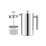 MaxMiuly Kaffeebereiter French Press 0,35 Liter Klein Kaffeezubereiter Doppelwandige Edelstahl Französische Kaffeepresse mit 2 Extra Sieben, Silber 350ml (2 Tassen)