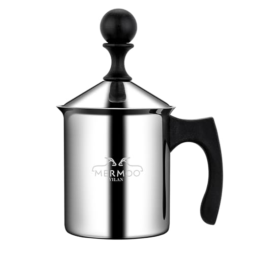 MERMOO YILAN Milchaufschäumer 304 Edelstahl Milchschäumer Doppelsieb, Kalt/Hot Schaum für Lattte, Cappuccino, leicht zu reinigen, perfekt für Reise Camping Büro