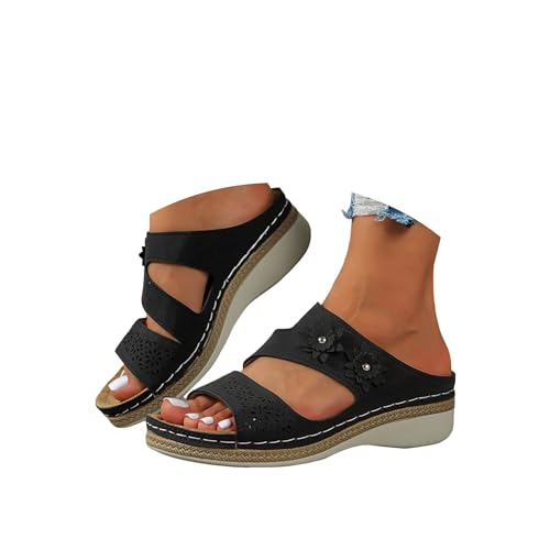 Orthopädische Sandalen Damen Leder Pantoletten Damen Keilabsatz Sommer Hausschuhe Vintage Sommerschuhe Freizeit Offene Slides Wedge Sandals Rutschfeste Strandschuhe Plateau Sandalen mit Arch Support