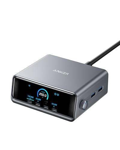 Anker Prime 250W USB-C Ladegerät, Ultra-schnelle 6-Port GaN Ladestation, 2,26" LCD-Display und Smart Control Regler, kompatibel mit MacBook Pro/Air, iPhone 16/15/14, Pixel, Galaxy, Apple Watch & mehr