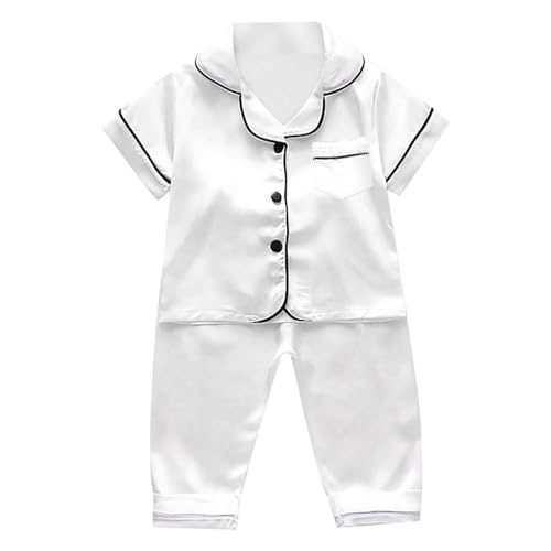 Weißes Nachthemd Kinder Kleinkind Baby Mädchen Satin Kurzarm -Down-Shirt Tops + Lange Hosen Seidenpyjamas Nachtwäsche Outfits Loungewear Set Weihnachtspyjamas (White, 100)