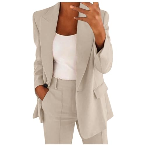 Generisch 2025 - Eleganter einfarbiger Damenanzug mit Langen Ärmeln, Strickjacke, Taschen, Oberteil, elastisches Hosenanzug-Set mit geradem Bein Kleidung Festlich Damen (Beige, XXL)