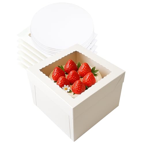 Tlczrva Tortenkarton,5er-PackTortenbox Set, Kuchenbox,Tortentransportbox,weiße Tortenschachtel mit Fenster und 5 Kuchenrunde Bretter, Kuchenkarton für Torten, Gebäck(25.4 * 25.4 * 20.3)