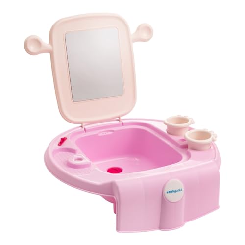 babywalz basics Kinderwaschbecken pink - mit bruchsicherem Spiegel und Ablaufstöpsel - inkl. 2 Zahnputzbechern - leichte Montage - 39(L) x 13(B) x 40(H) cm - ab 12 Monaten