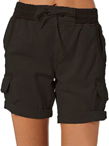 Imuedaen Damen Cargo Shorts Sommer Casual Kurze Hosen Bermuda Stoffhose Outdoorhose Strand Shorts mit Taschen (A Schwarz, L)