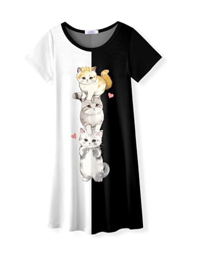 Arshiner Schlafanzug Mädchen Nachthemd Kurzarm Kinder Schwarz Weiß Nachtkleid Katze Schlafkleid Niedlich Schlafkleidung 130/7-8 Jahre
