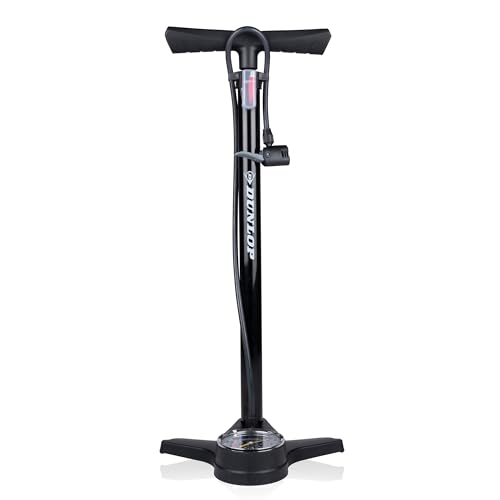 Dunlop Fahrradpumpe mit Manometer - Luftpumpe Fahrrad mit 2 Adaptern - für Alle Ventile - Dunlop, Presta und Schrader Ventil - Pumpe 12 Bar/180PSI - Kunststoff - Schwarz