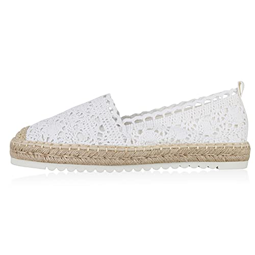 Giralin Damen Bast Slipper Spitzen Espadrilles Häkeloptik Profilsohle 610214 Weiss 40