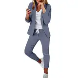 EMATOP Damen Anzug Elegant 2 Teilig Hosenanzug Langarm Business Anzug Set Zweiteiler Einfarbig Blazer Hose Festlich Lange Hosenanzüge Sportlich Slimfit Streetwear Frauen Baumwolle Freizeitanzug