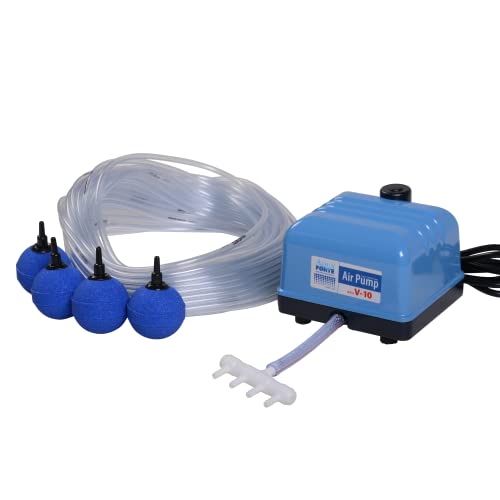 AquaForte Hi-Flow V-10 Luftpumpenset, Komplettset mit Luftverteilern, 25 m Schlauch 4 x 6 mm und 4 Luftsteine 5 cm, Kapazität bei 1,2 Meter 4 Liter pro Minute, Maximaler Teich 6 m3