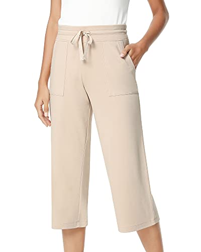 NACHILA Damen Culottes Kordelzug Elastische Taille Breites Bein Caprihose Sweatpants mit Taschen - Beige - X-Groß