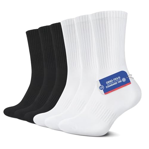 YouShow 6 Paar Sportsocken Herren Damen Classic Schwarz Weiß Cushioned Crew Socken Tennissocken 39-42