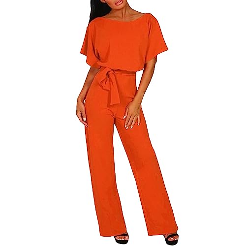 Generisch 2025 - Einfarbiger, kurzärmeliger Jumpsuit mit Schnürung für Damen Fitness Anzug Damen Sexy (Orange, L)